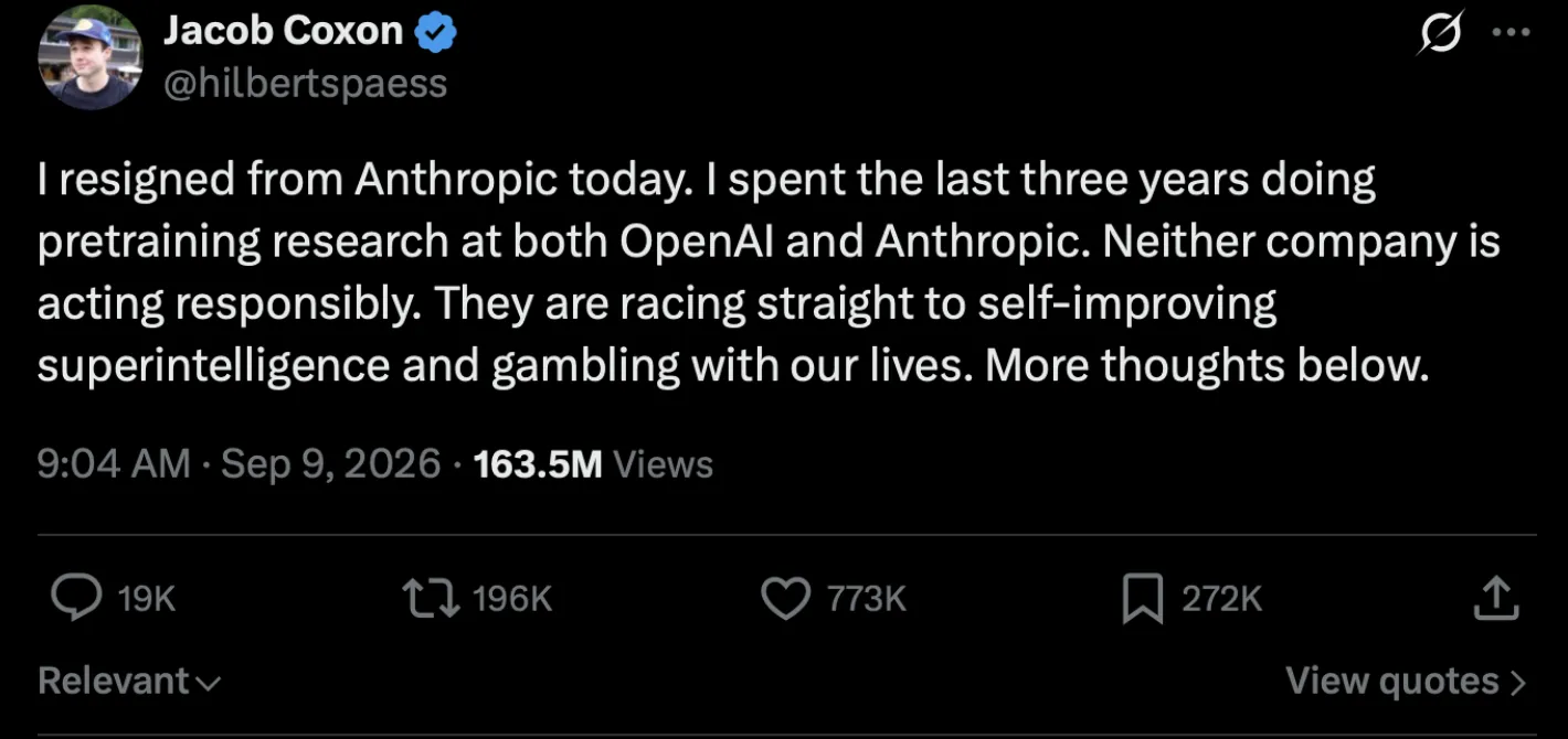 Jacob Coxon’s resignation tweet: “I resigned from Anthropic today… They are racing straight to self-improving superintelligence and gambling with our lives.”