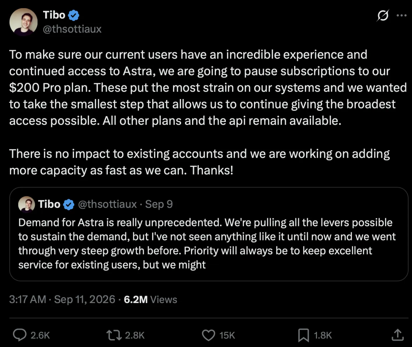Tibo’s tweet announcing the pause of new $200 Pro plan subscriptions due to unprecedented Astra demand
