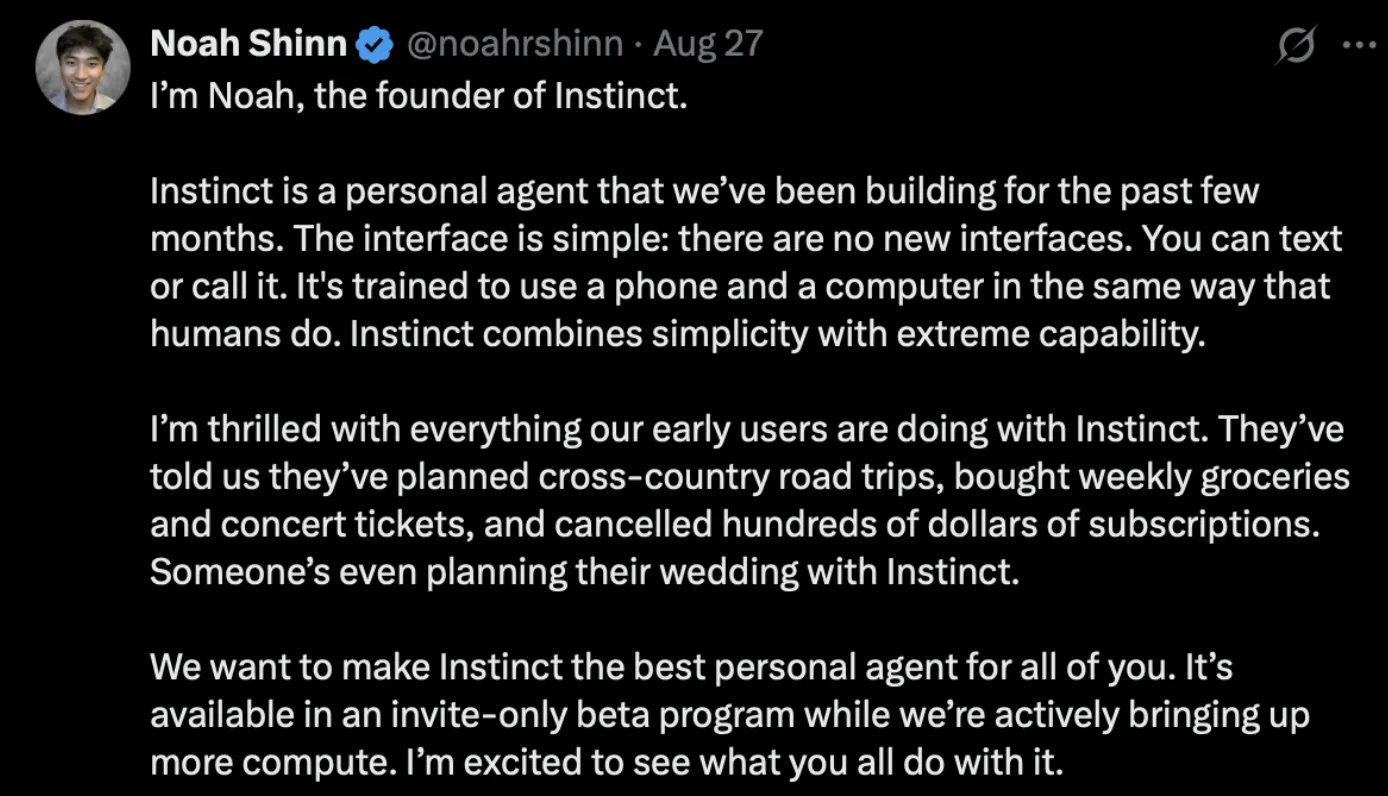 Noah Shinn’s introductory tweet describing Instinct as a personal agent
